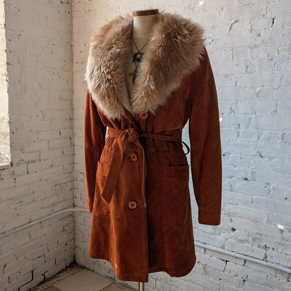 Vintage Orange Suede Penny Lane Jacket Leather Trench Coat Faux Fur Coat Large - Picture 9 of 11